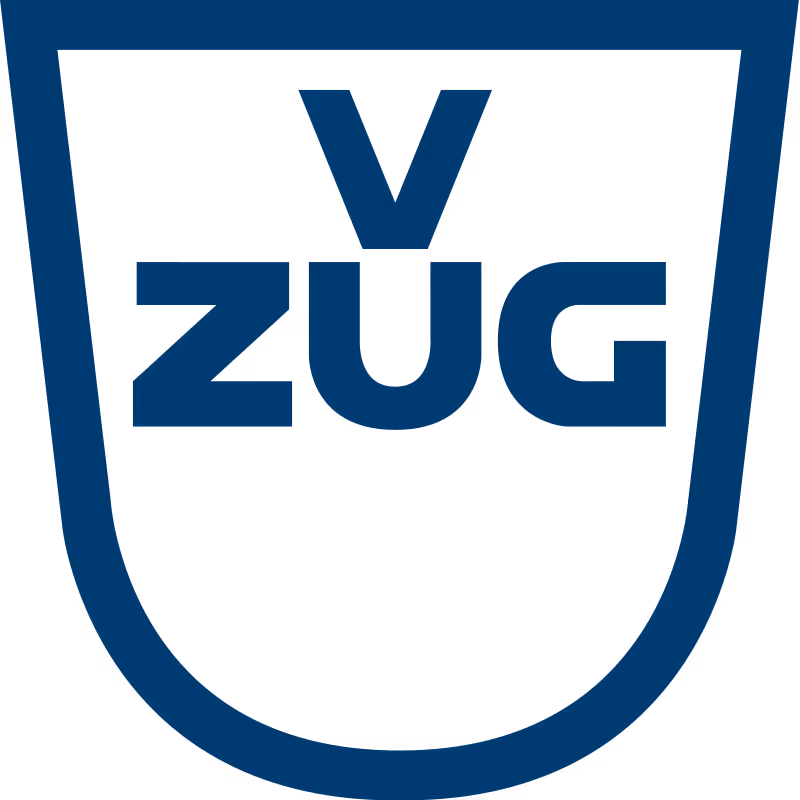 Blue V-ZUG logo with stylized letters inside a shield outline.