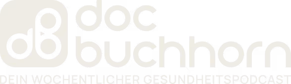 Logo of doc buchhorn podcast with stylized letters and tagline in German.