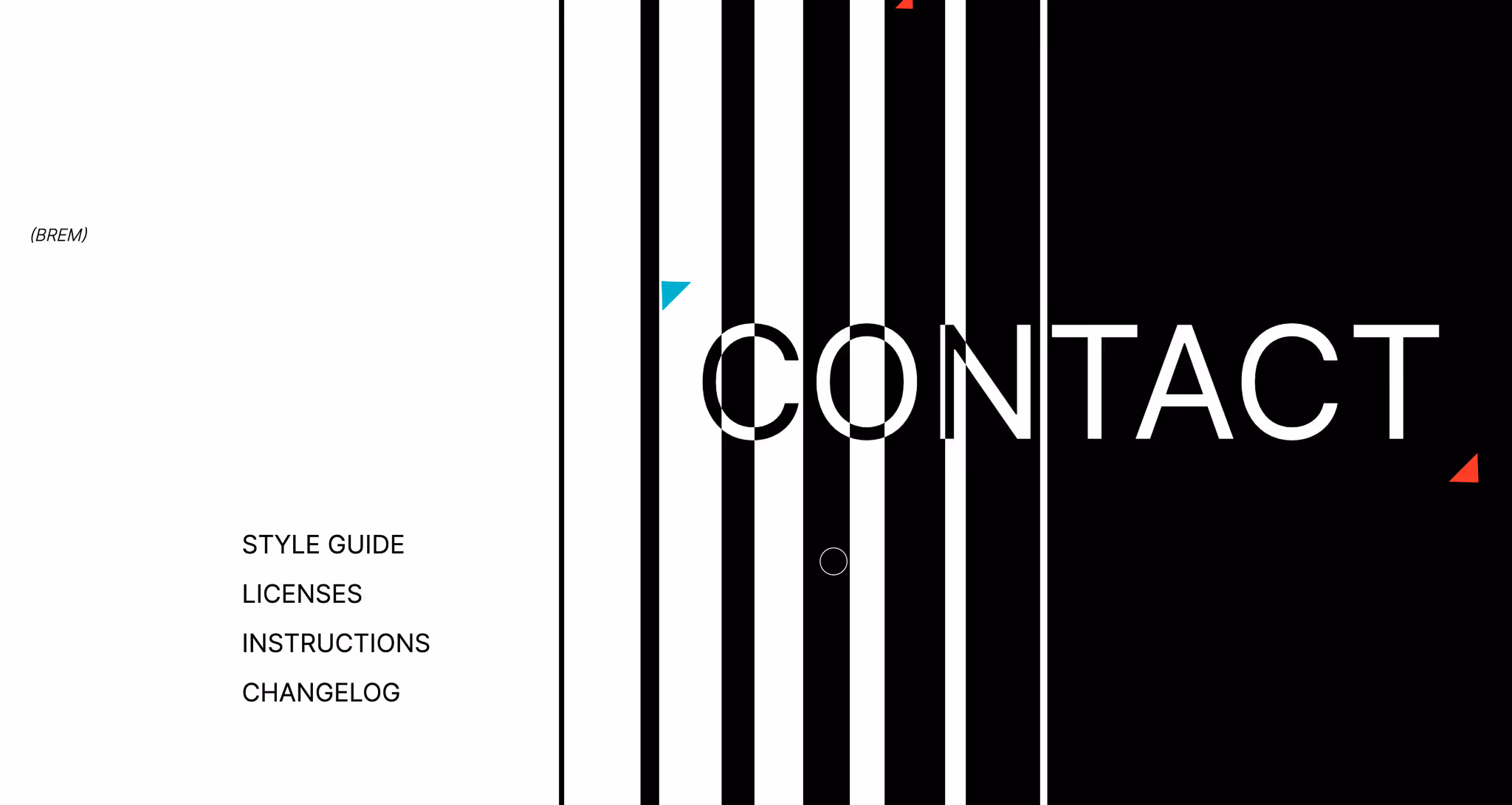 Black and white striped background with the large word CONTACT in white and menu items STYLE GUIDE, LICENSES, INSTRUCTIONS, CHANGELOG on a white side panel.