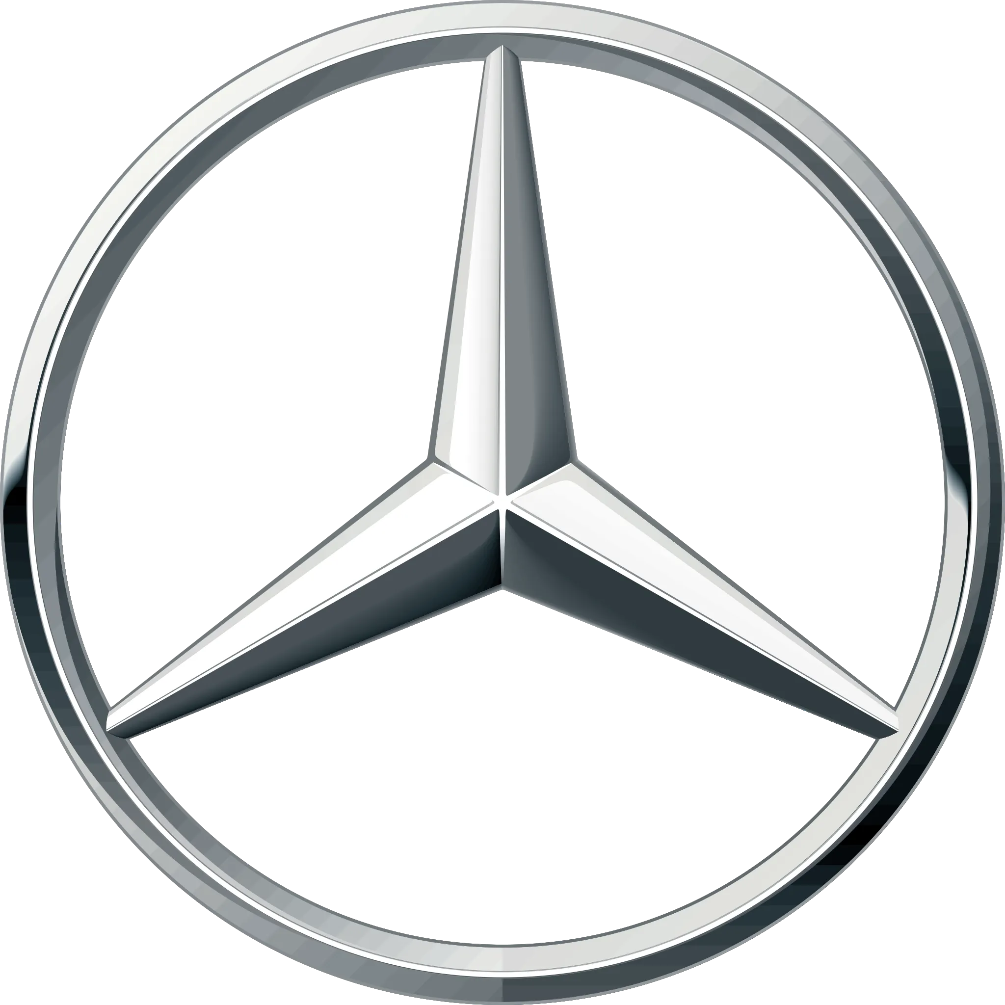 Silver three-pointed star emblem inside a circular frame representing the Mercedes-Benz logo.
