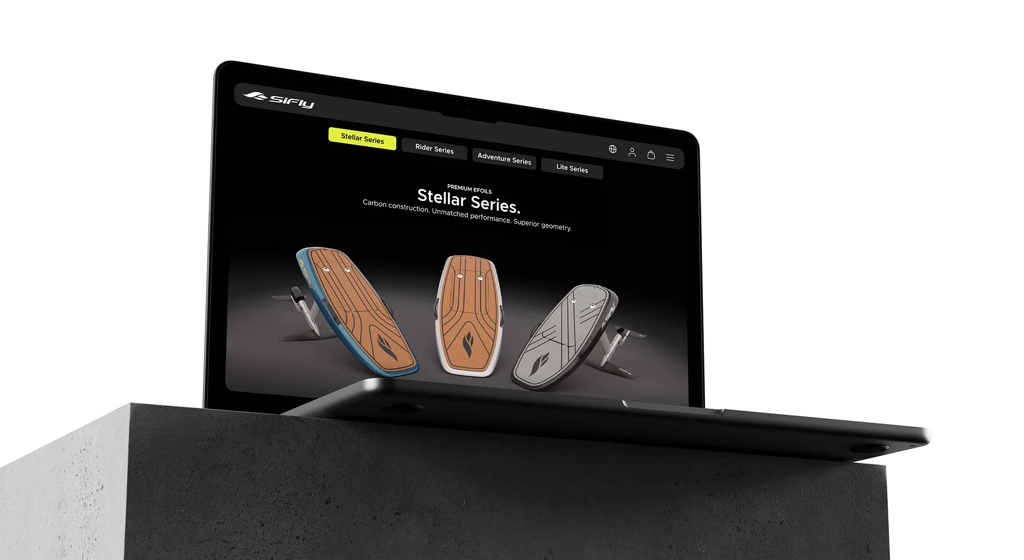 Laptop displaying SiFly website featuring Stellar Series premium efoils with carbon construction and superior geometry.