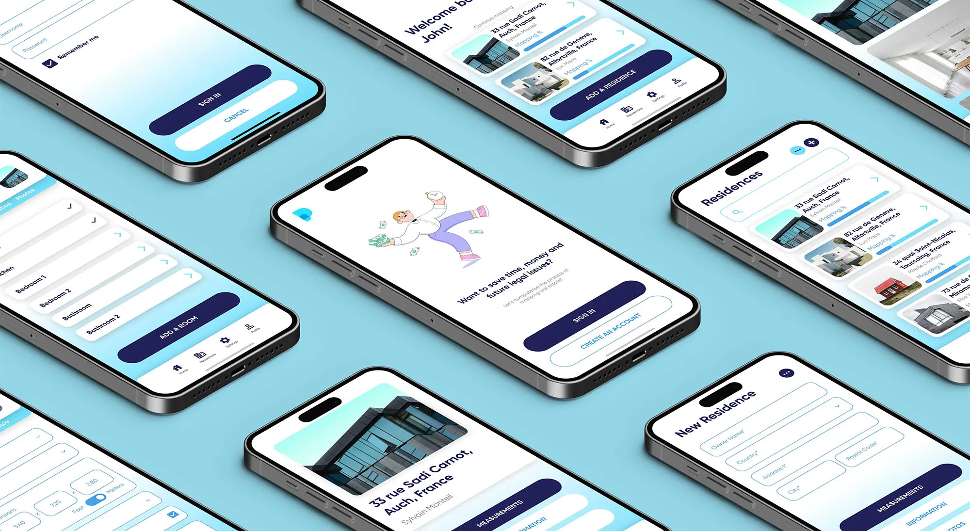 Multiple smartphones displaying a real estate app with screens for sign-in, residence listings, room addition, and new residence details on a blue background.