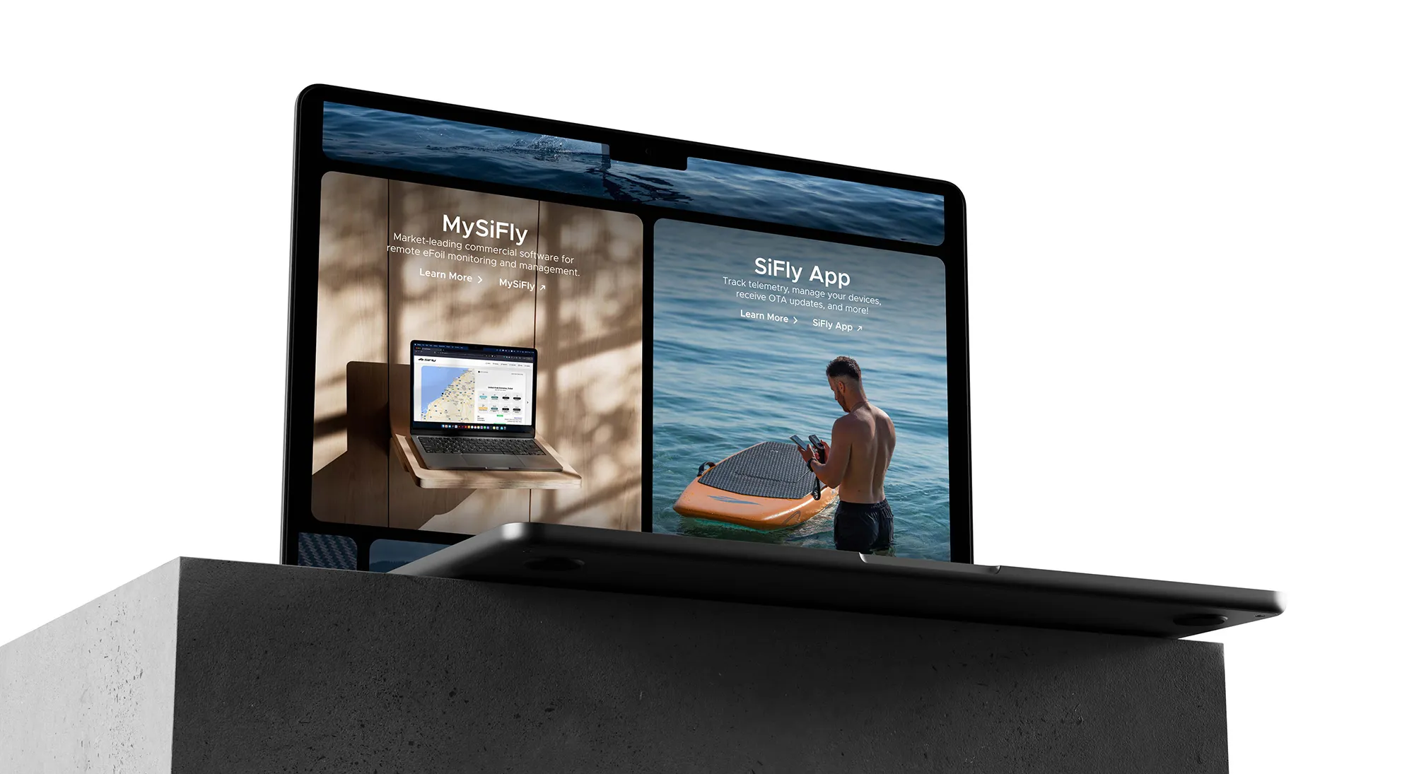 Laptop on a concrete surface displaying a split screen with MySiFly software for remote eFoil 