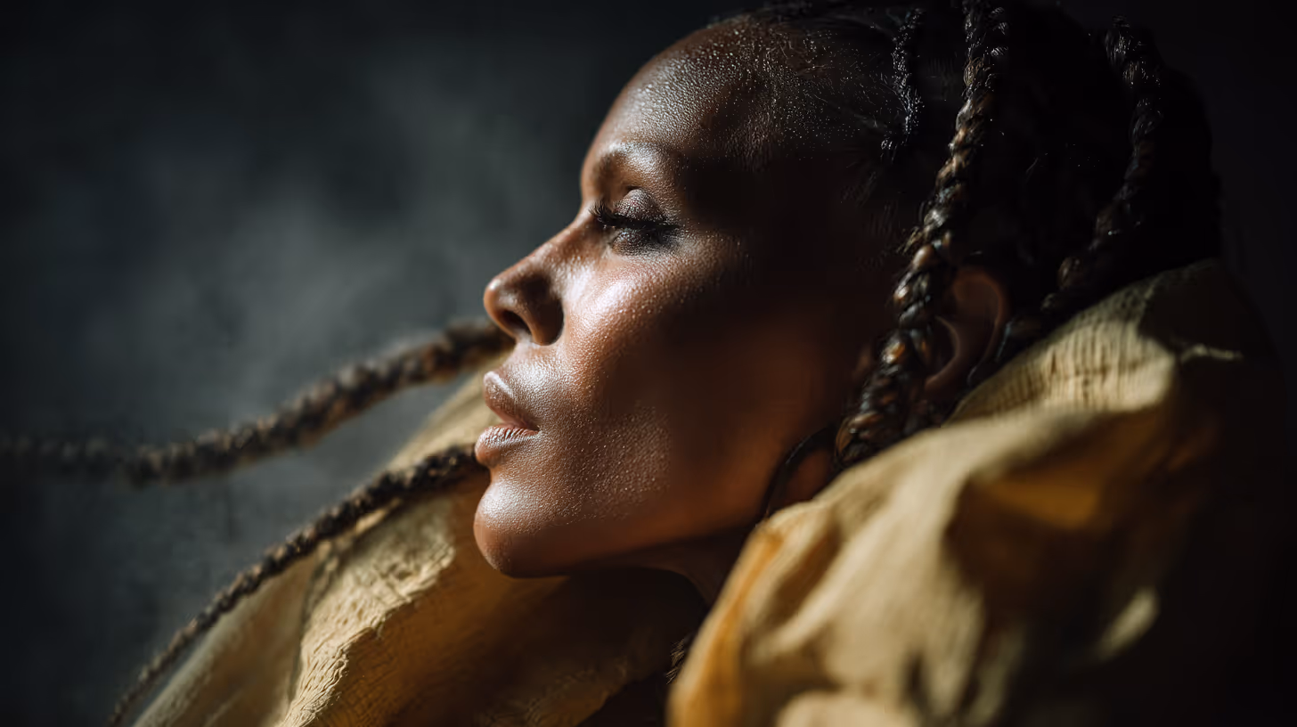 Close-up profile of a woman with braided hair and closed eyes illuminated by soft light against a dark background.