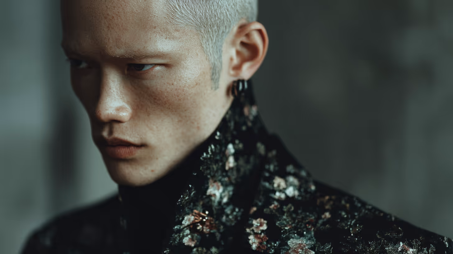 Close-up of a man with short blond hair wearing a dark floral-patterned jacket and looking to the side with a serious expression.