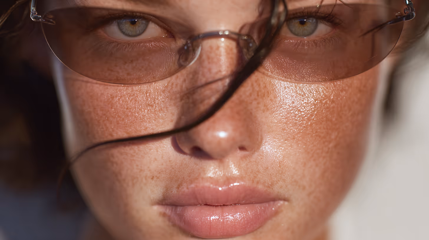 Close-up of a freckled face with green eyes, glossy lips, and transparent glasses, with a strand of hair across the face.