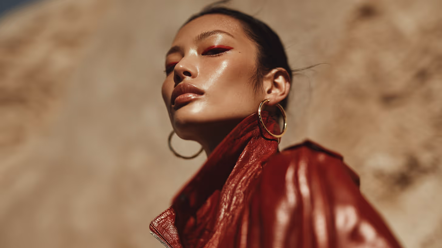 Close-up portrait of a woman with glowing skin, red eyeliner, large hoop earrings, and a red leather jacket.