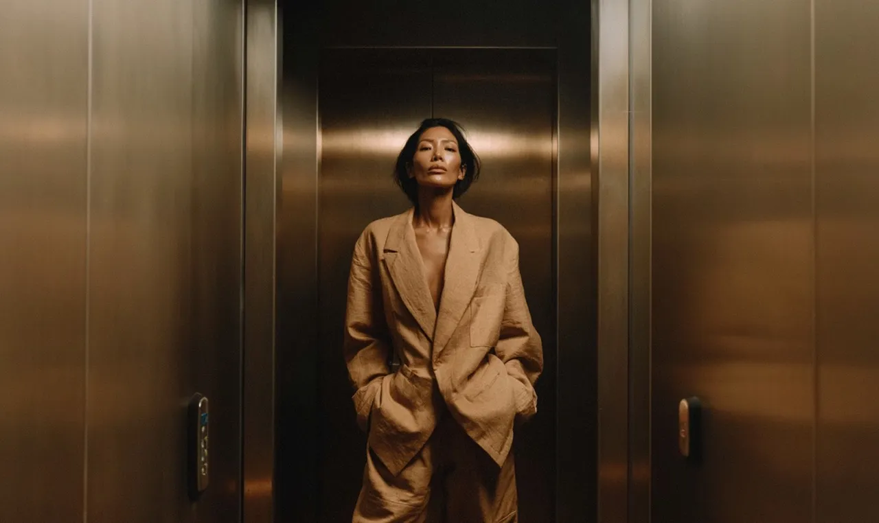Confident woman in a loose beige suit standing in a metallic elevator with hands in pockets.