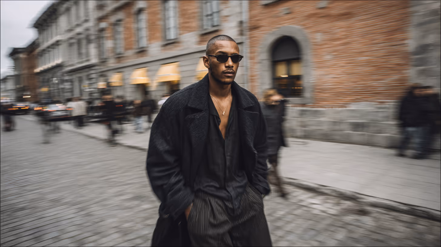 Man wearing dark sunglasses and a black coat walking on a cobblestone street with blurred buildings and people in the background.