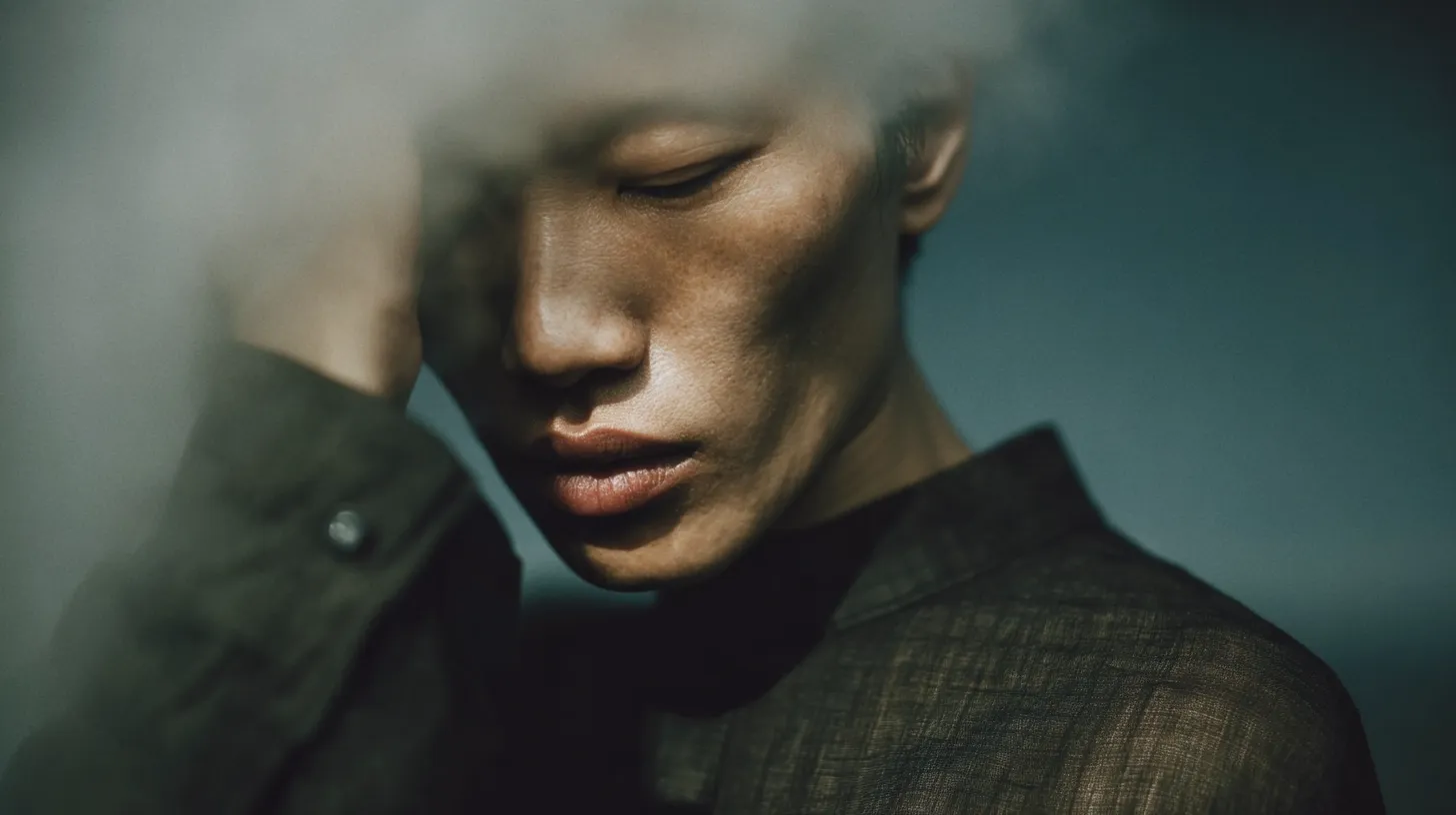 Close-up of a person with eyes closed and hand resting on forehead, wearing a textured dark shirt in soft lighting.