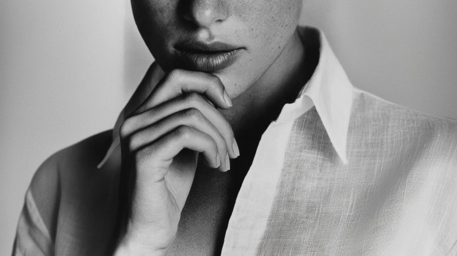 Black and white close-up of a person's face and hand, with their fingers resting lightly on their chin, wearing a textured white shirt.