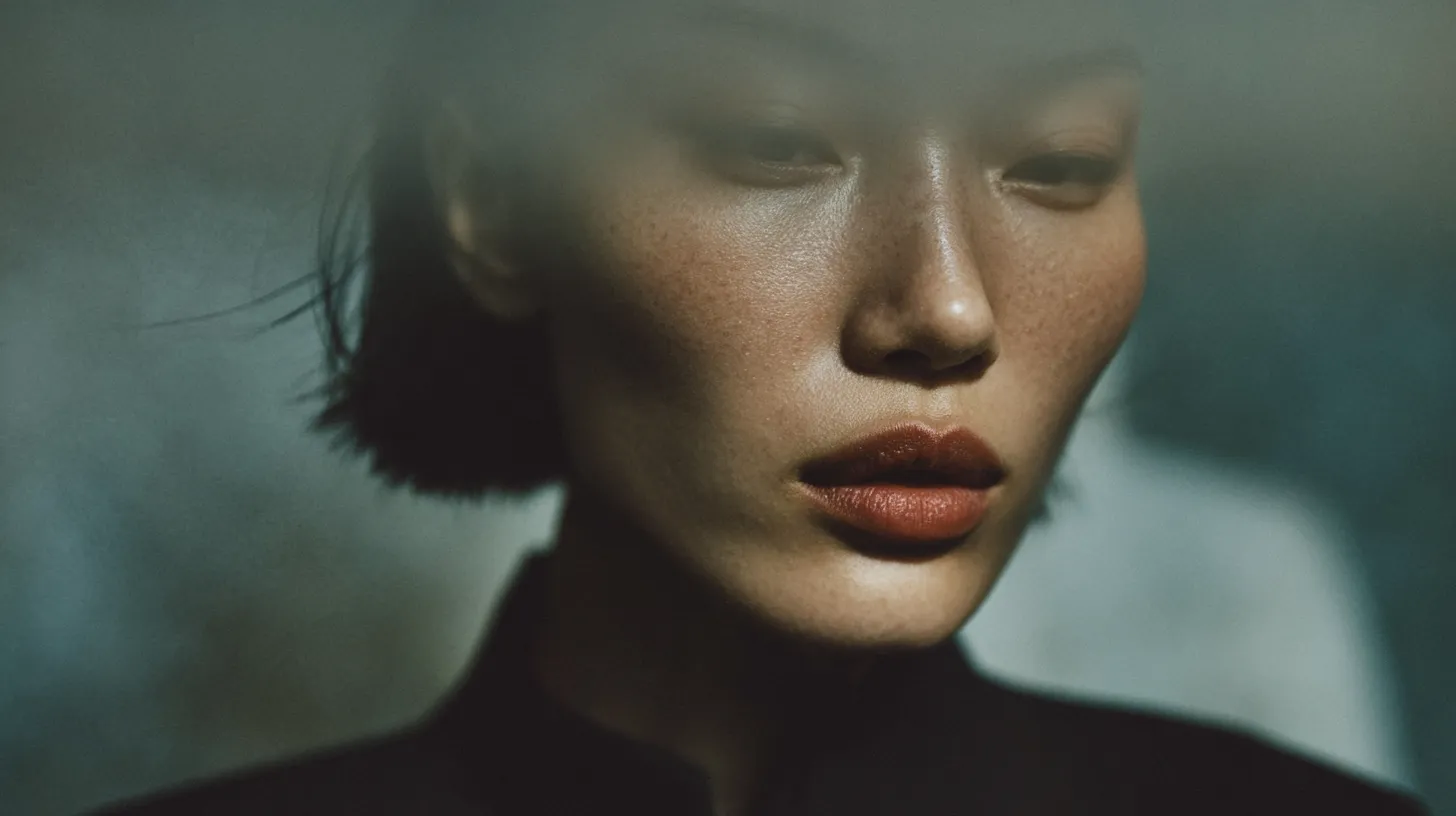 Close-up portrait of a woman with short hair, red lipstick, serious expression soft lighting.