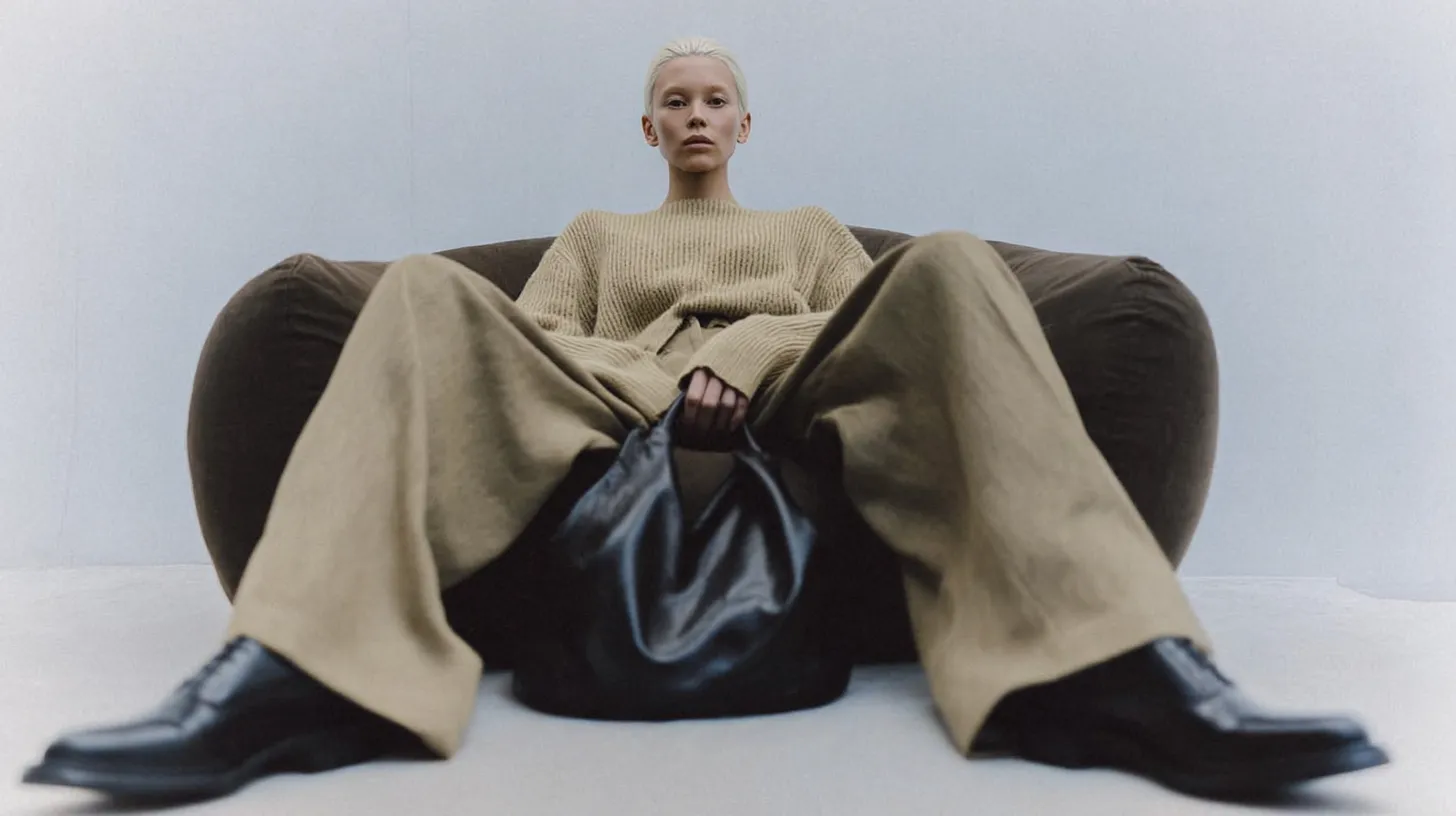 Person with platinum blonde hair wearing beige pants and sweater, sitting in dark chair holding black bag