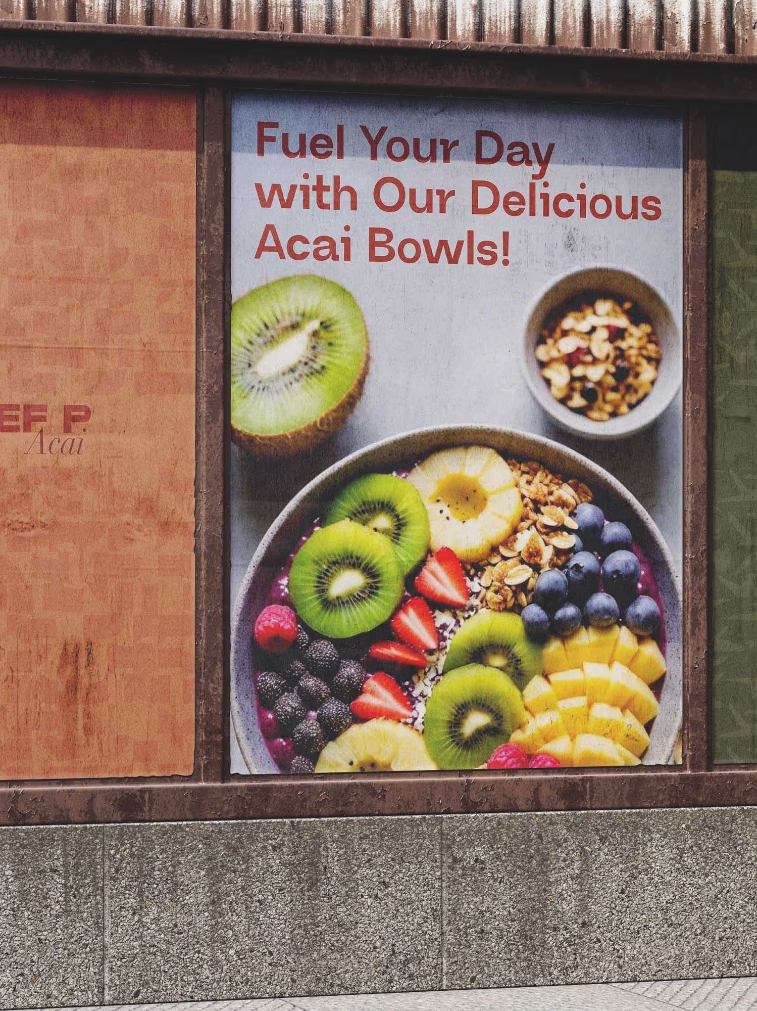 Josef P studio window in Tegernsee with an acai bowl poster advertising the Josef P Cafe