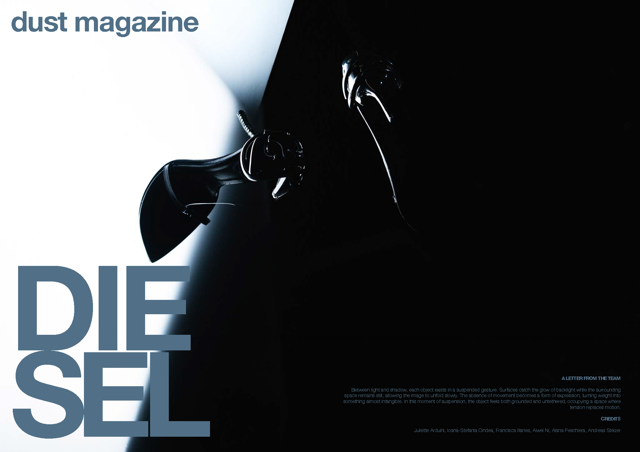 DIESEL x DUST MAGAZINE by FADETOBLACK, still life campaign photography, image 16: High-contrast, near-monochrome still life series shot in a dark studio: fashion accessories such as heeled