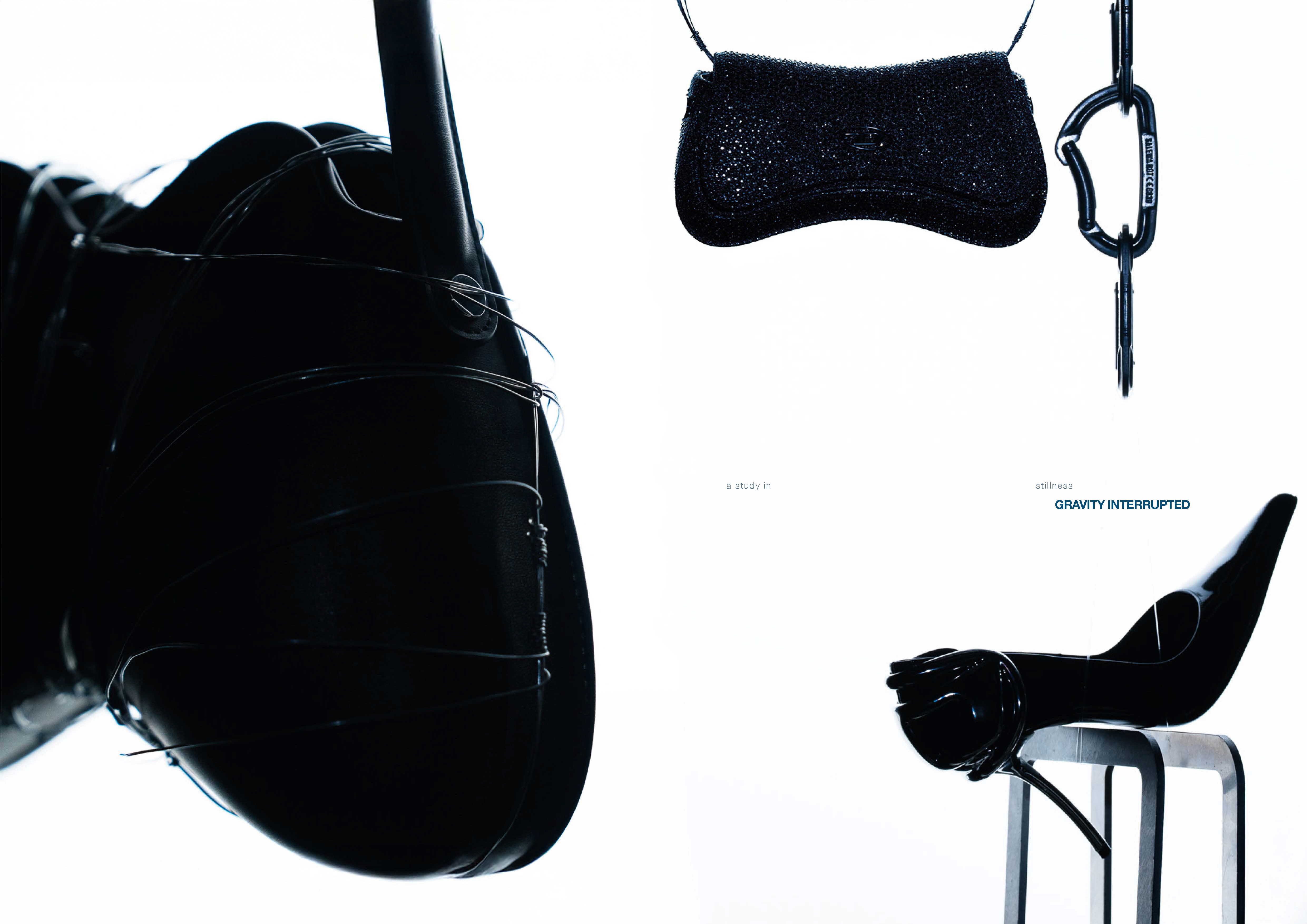 DIESEL x DUST MAGAZINE by FADETOBLACK, still life campaign photography, image 15: High-contrast, near-monochrome still life series shot in a dark studio: fashion accessories such as heeled