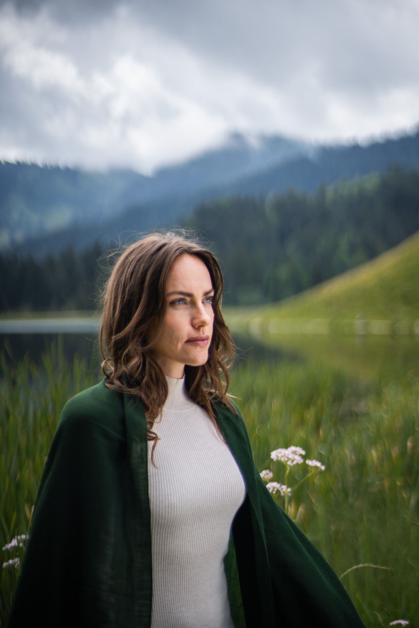 Marici Pashmina by FADETOBLACK, campaign photography, image 11: Campaign images for a luxury pashmina scarf brand, mostly shot at an alpine lake under overcast skies
