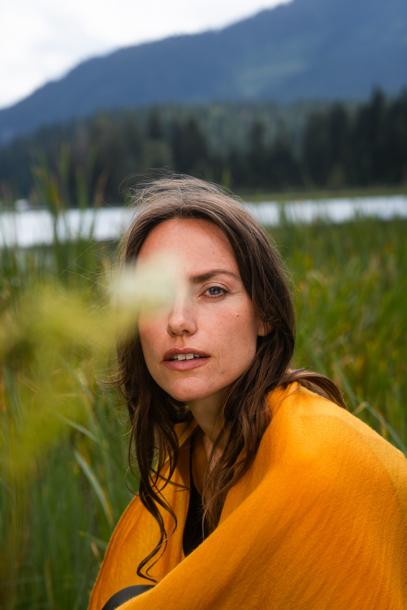 Marici Pashmina by FADETOBLACK, campaign photography, image 13: Campaign images for a luxury pashmina scarf brand, mostly shot at an alpine lake under overcast skies