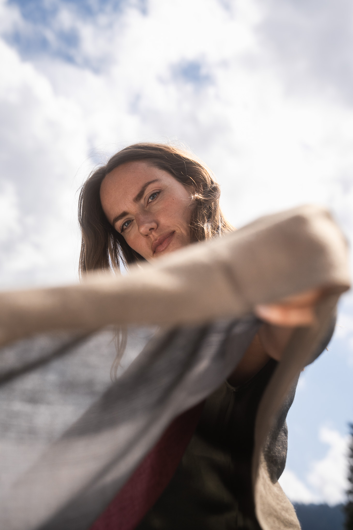 Marici Pashmina by FADETOBLACK, campaign photography, image 16: Campaign images for a luxury pashmina scarf brand, mostly shot at an alpine lake under overcast skies