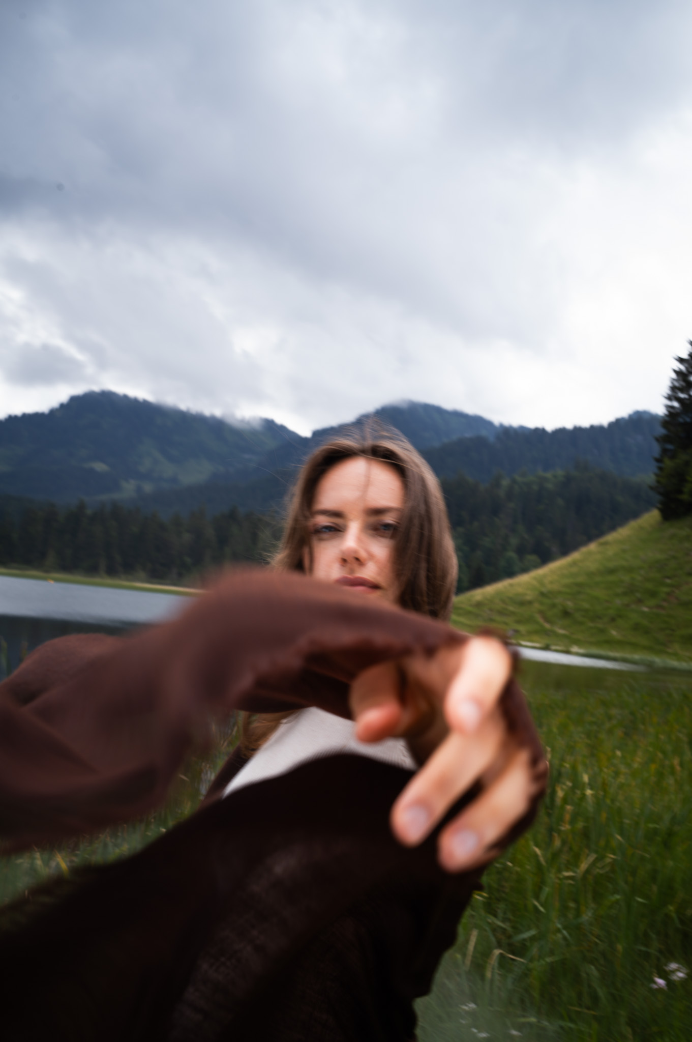 Marici Pashmina by FADETOBLACK, campaign photography, image 25: Campaign images for a luxury pashmina scarf brand, mostly shot at an alpine lake under overcast skies