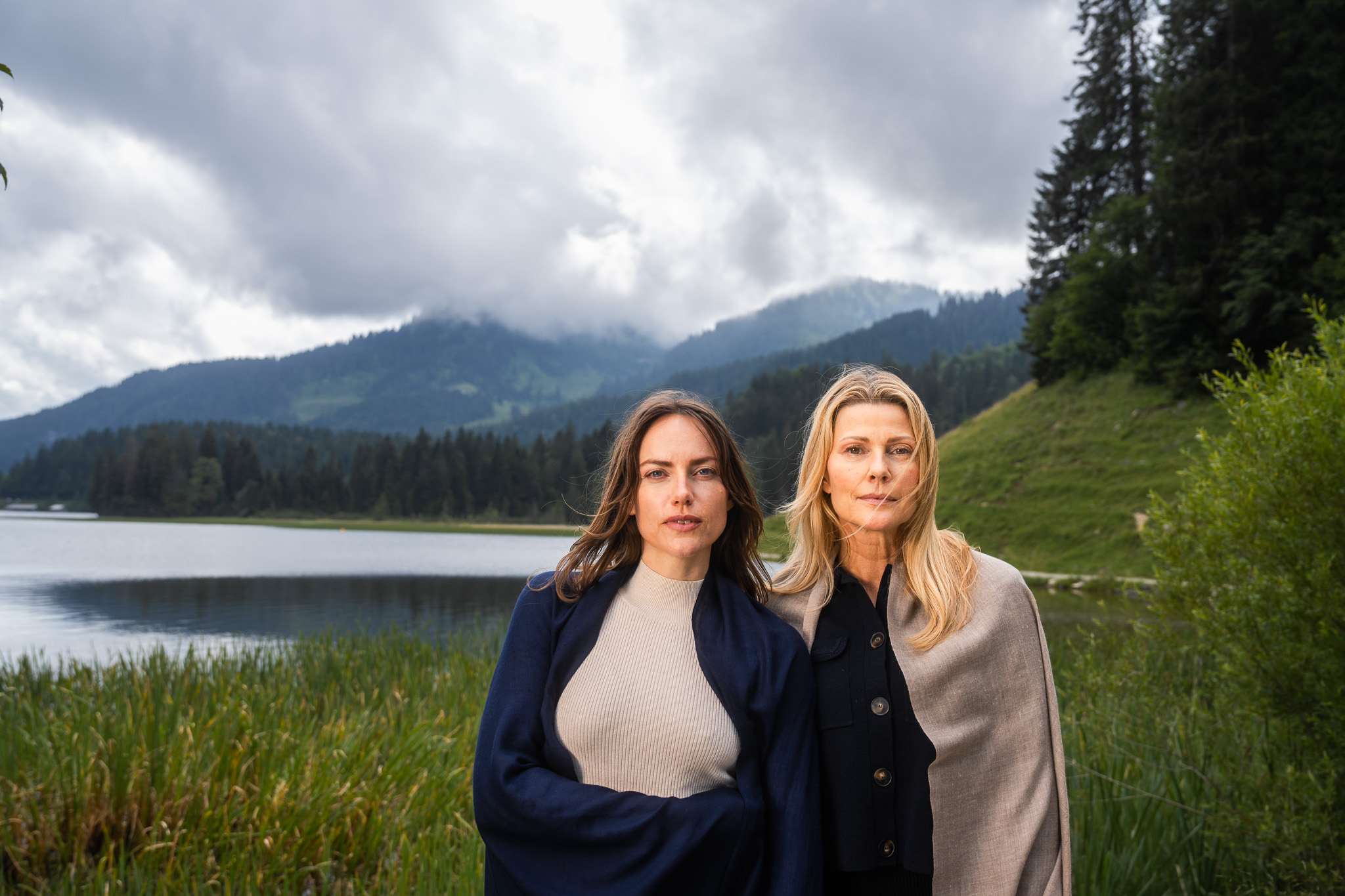 Marici Pashmina by FADETOBLACK, campaign photography, image 34: Campaign images for a luxury pashmina scarf brand, mostly shot at an alpine lake under overcast skies