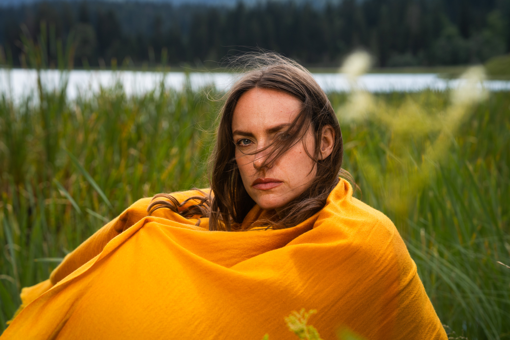 Marici Pashmina by FADETOBLACK, campaign photography, image 35: Campaign images for a luxury pashmina scarf brand, mostly shot at an alpine lake under overcast skies
