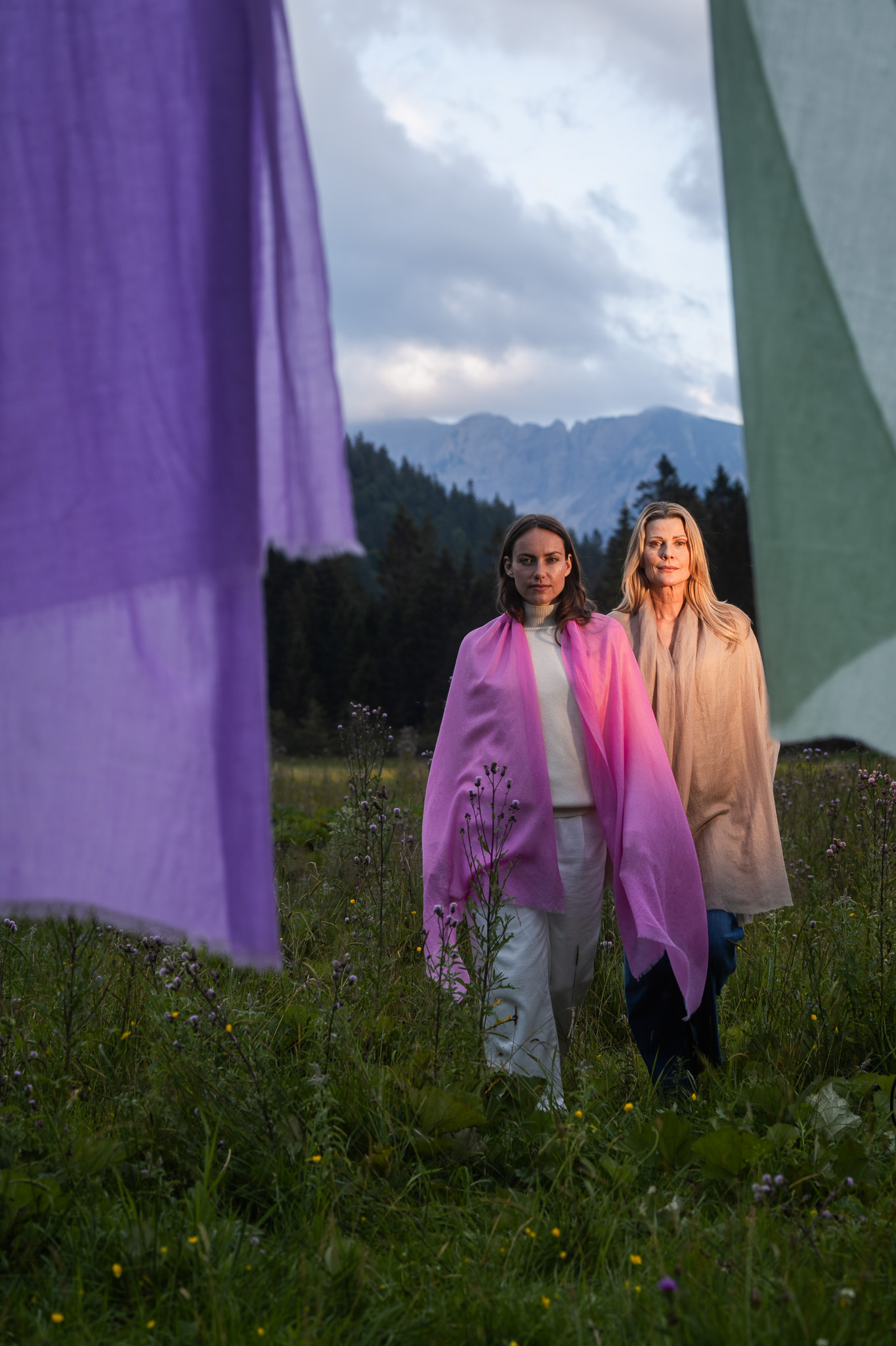 Marici Pashmina by FADETOBLACK, campaign photography, image 23: Campaign images for a luxury pashmina scarf brand, mostly shot at an alpine lake under overcast skies