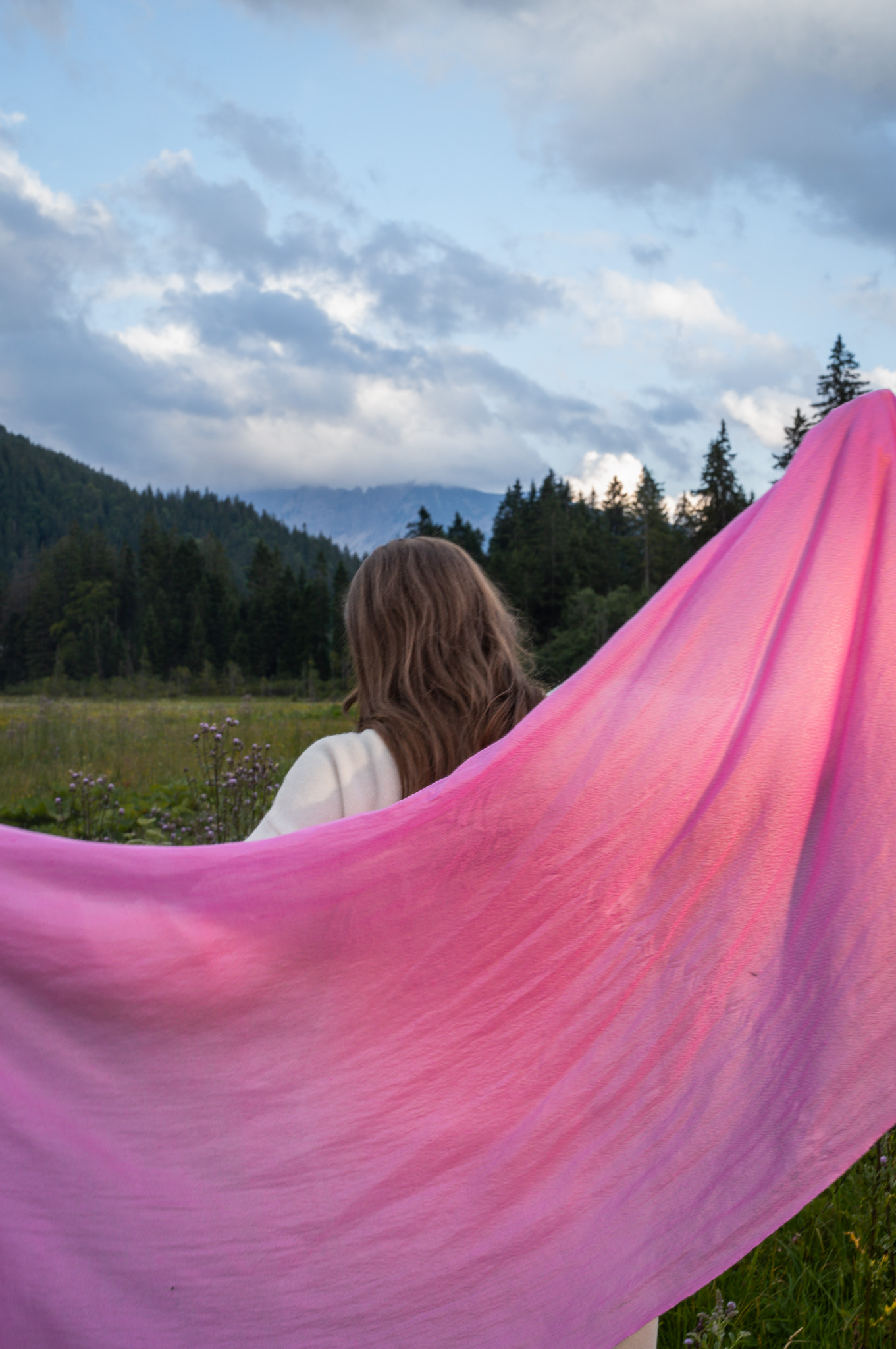 Marici Pashmina by FADETOBLACK, campaign photography, image 27: Campaign images for a luxury pashmina scarf brand, mostly shot at an alpine lake under overcast skies