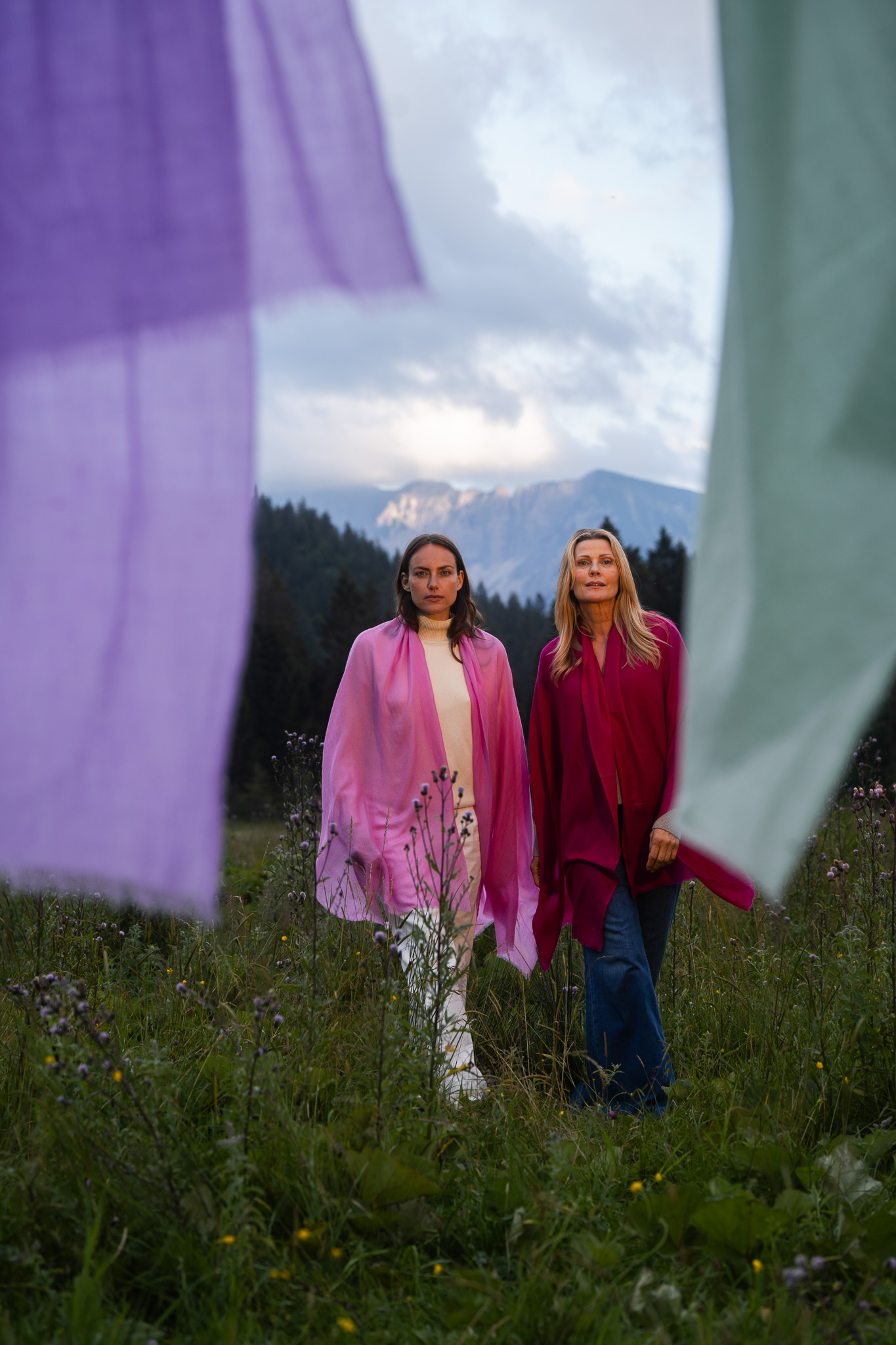 Marici Pashmina by FADETOBLACK, campaign photography, image 22: Campaign images for a luxury pashmina scarf brand, mostly shot at an alpine lake under overcast skies