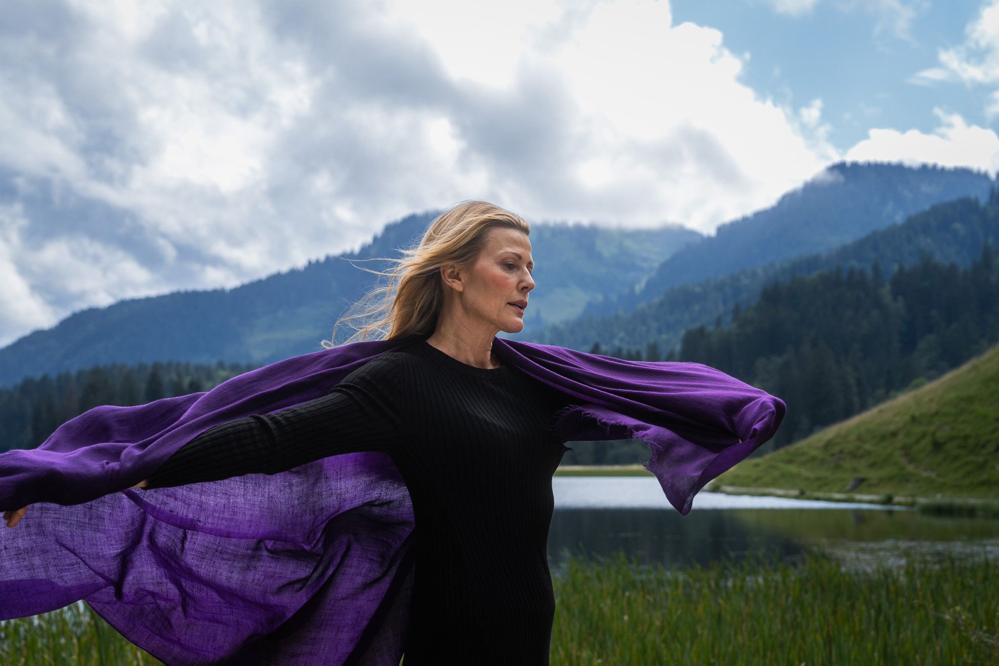 Marici Pashmina by FADETOBLACK, campaign photography, image 38: Campaign images for a luxury pashmina scarf brand, mostly shot at an alpine lake under overcast skies