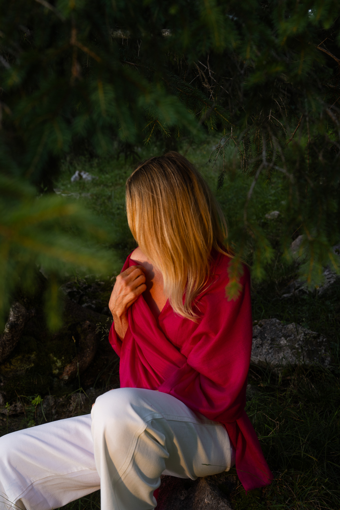 Marici Pashmina by FADETOBLACK, campaign photography, image 6: Campaign images for a luxury pashmina scarf brand, mostly shot at an alpine lake under overcast skies