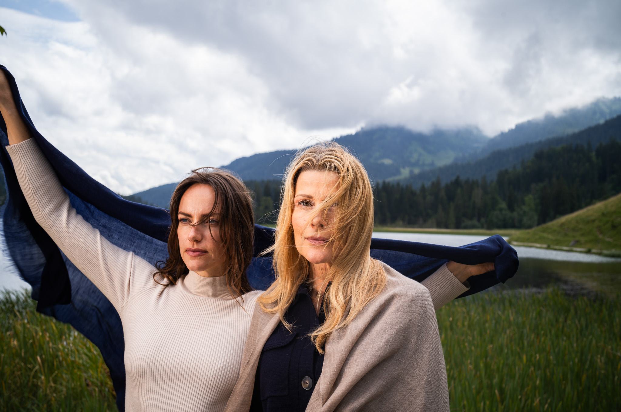 Marici Pashmina by FADETOBLACK, campaign photography, image 32: Campaign images for a luxury pashmina scarf brand, mostly shot at an alpine lake under overcast skies