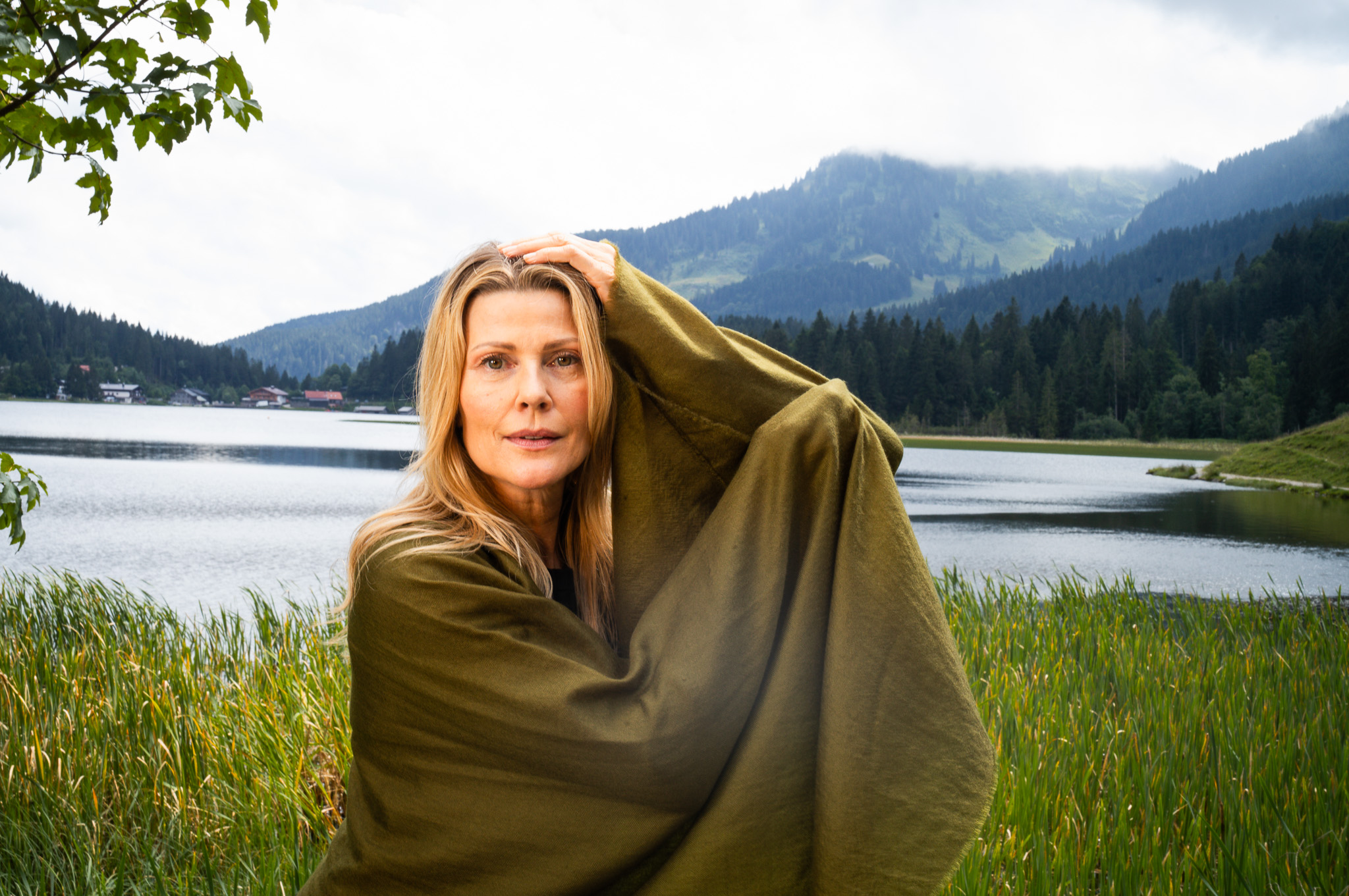 Marici Pashmina by FADETOBLACK, campaign photography, image 42: Campaign images for a luxury pashmina scarf brand, mostly shot at an alpine lake under overcast skies