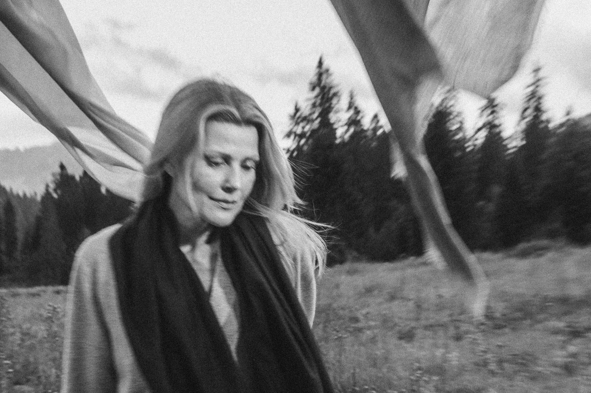 Marici Pashmina by FADETOBLACK, campaign photography, image 31: Campaign images for a luxury pashmina scarf brand, mostly shot at an alpine lake under overcast skies