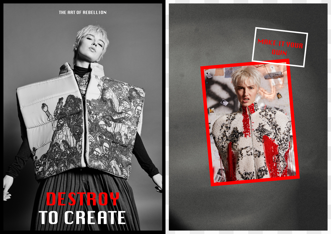 Jaang by FADETOBLACK, editorial fashion photography, image 31: Studio fashion editorial of a model with short platinum hair wearing avant-garde statement pieces, including