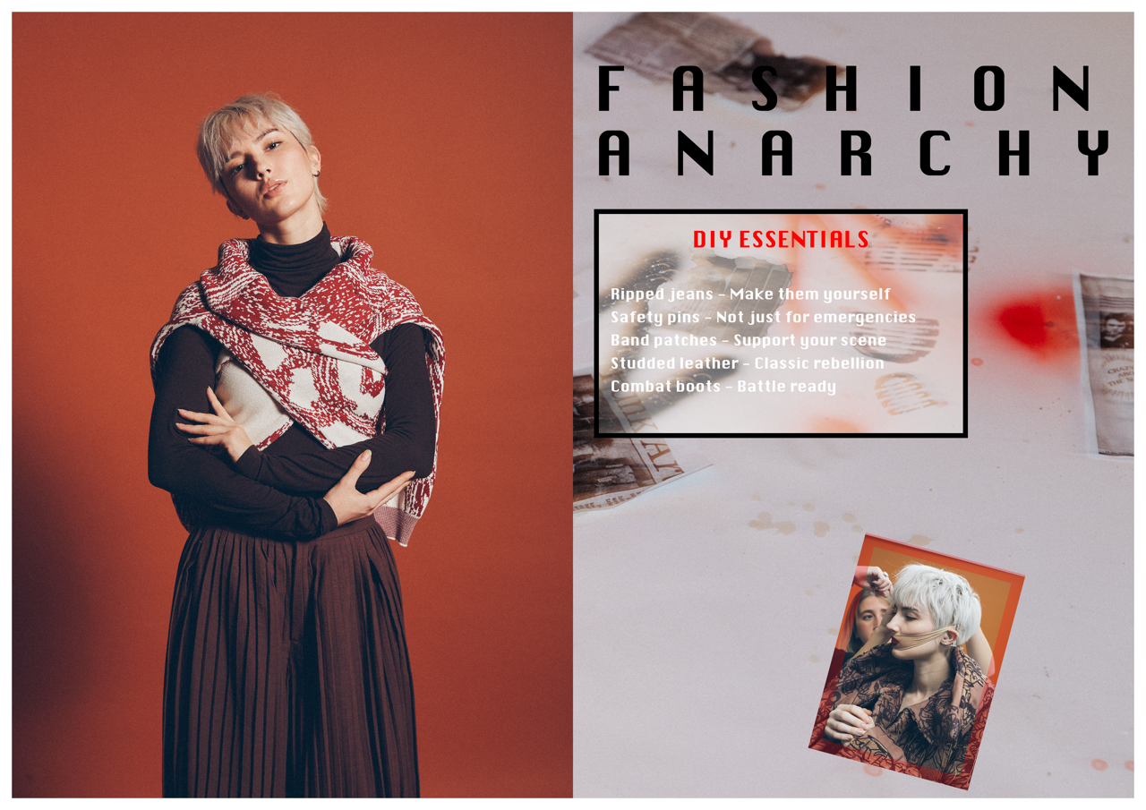 Jaang by FADETOBLACK, editorial fashion photography, image 30: Studio fashion editorial of a model with short platinum hair wearing avant-garde statement pieces, including