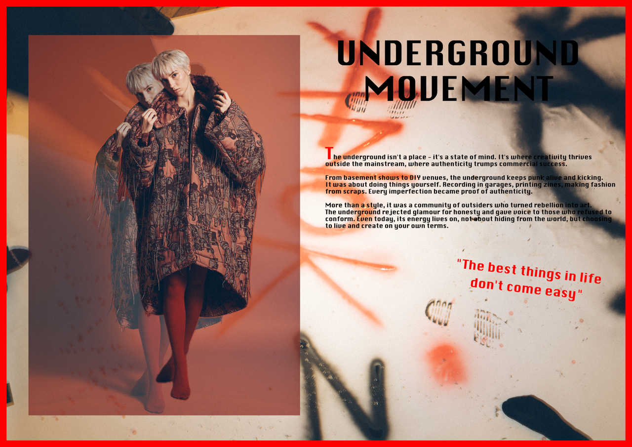 Jaang by FADETOBLACK, editorial fashion photography, image 32: Studio fashion editorial of a model with short platinum hair wearing avant-garde statement pieces, including