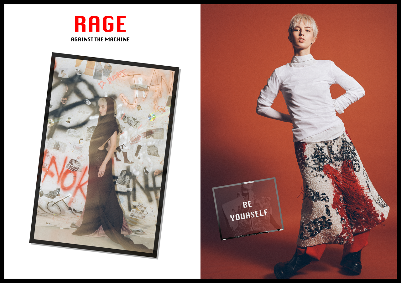 Jaang by FADETOBLACK, editorial fashion photography, image 33: Studio fashion editorial of a model with short platinum hair wearing avant-garde statement pieces, including