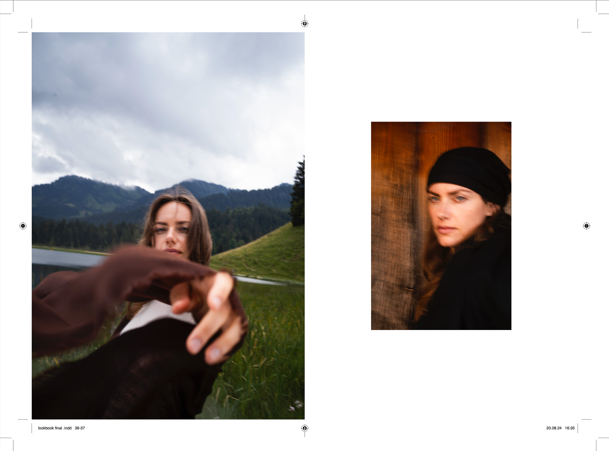 Lookbook Doppelseite, Frau mit braunem Tuch am Bergsee und Porträt mit schwarzem Kopftuch, Marici Fashion Branding München