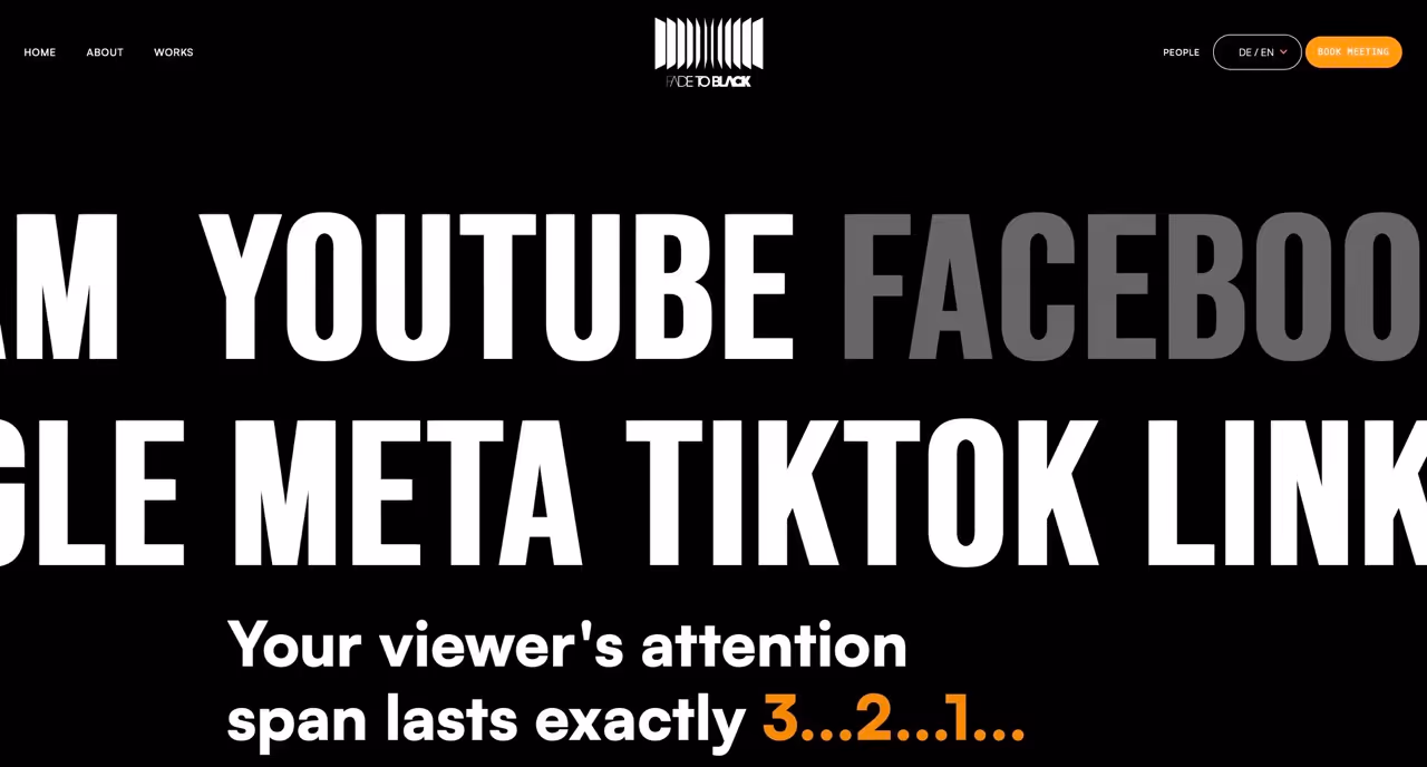 Website header listing YouTube, Facebook, Google, Meta, TikTok and LinkedIn, symbolic image for platform reach, FADETOBLACK Munich