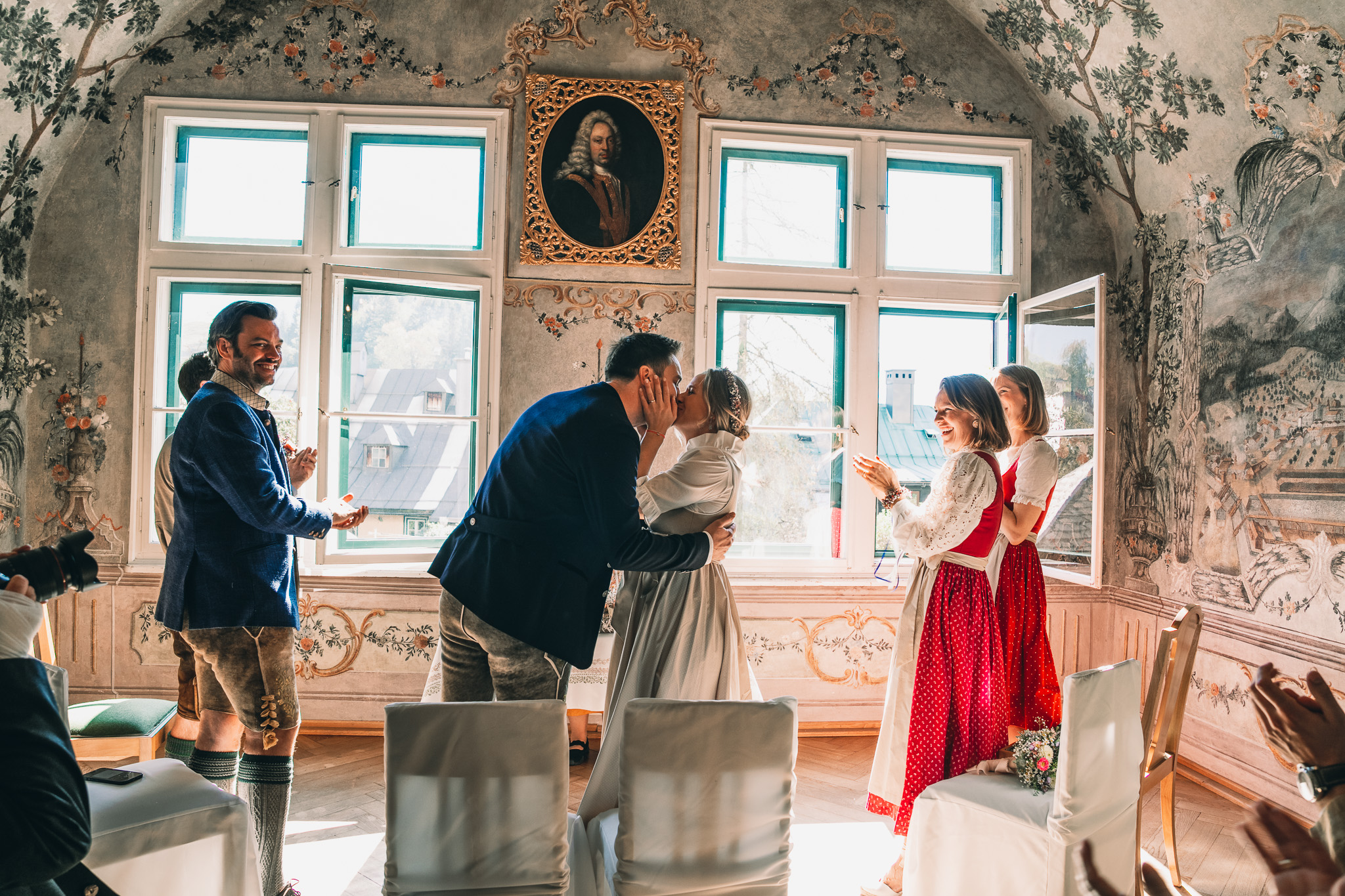 Eternal Moments: A Wedding Photography Collection by FADETOBLACK, wedding photography: Couple with their guests in the frescoed hall