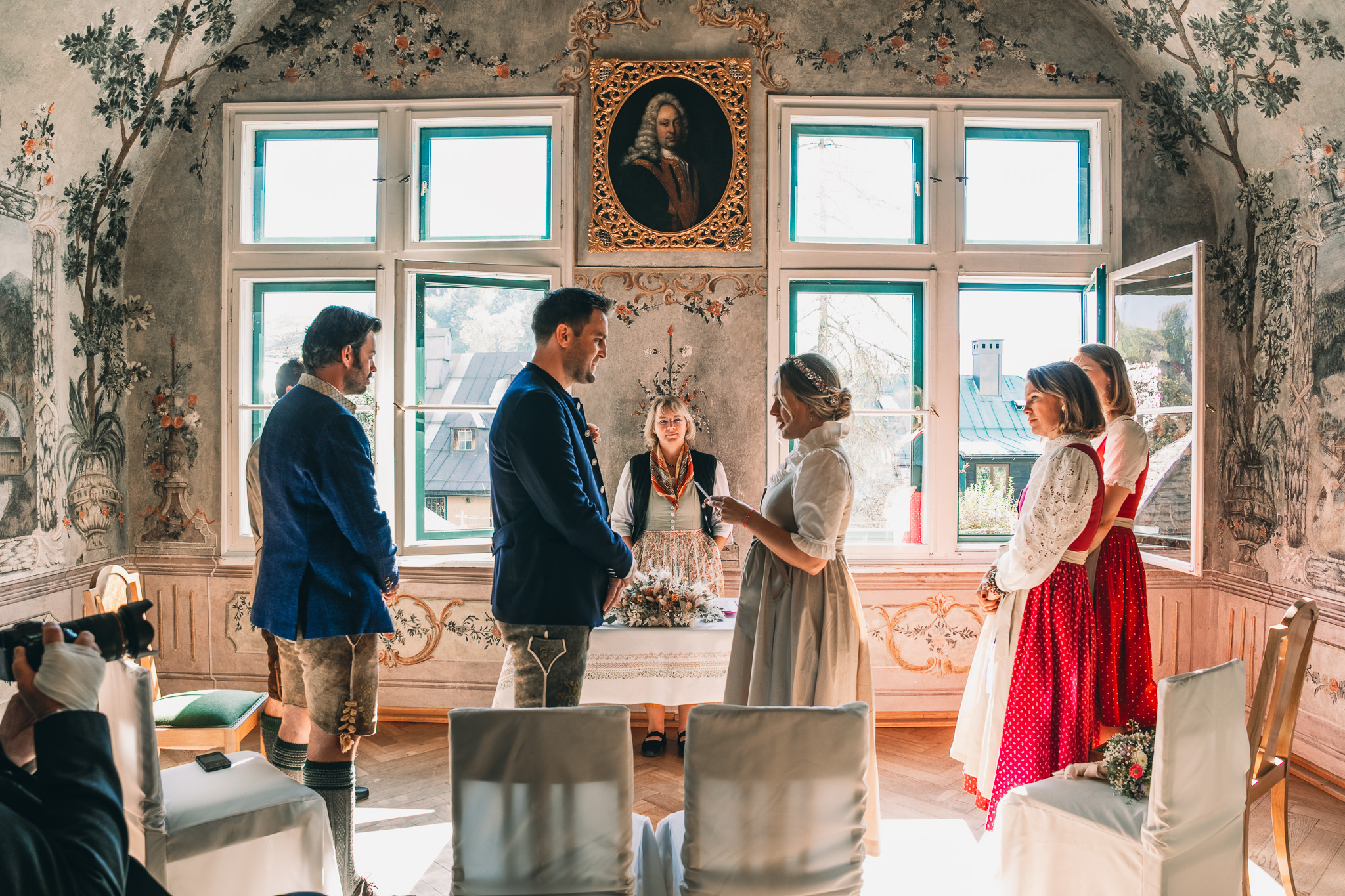 Eternal Moments: A Wedding Photography Collection by FADETOBLACK, wedding photography: Couple exchanging vows in the frescoed hall