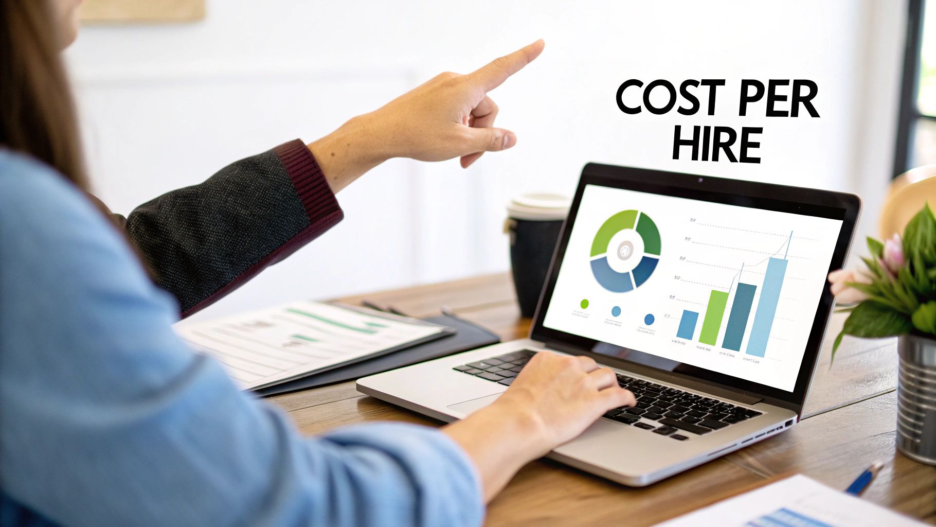 A magnifying glass focusing on a dollar sign within a group of business icons, representing the analysis of hiring costs.