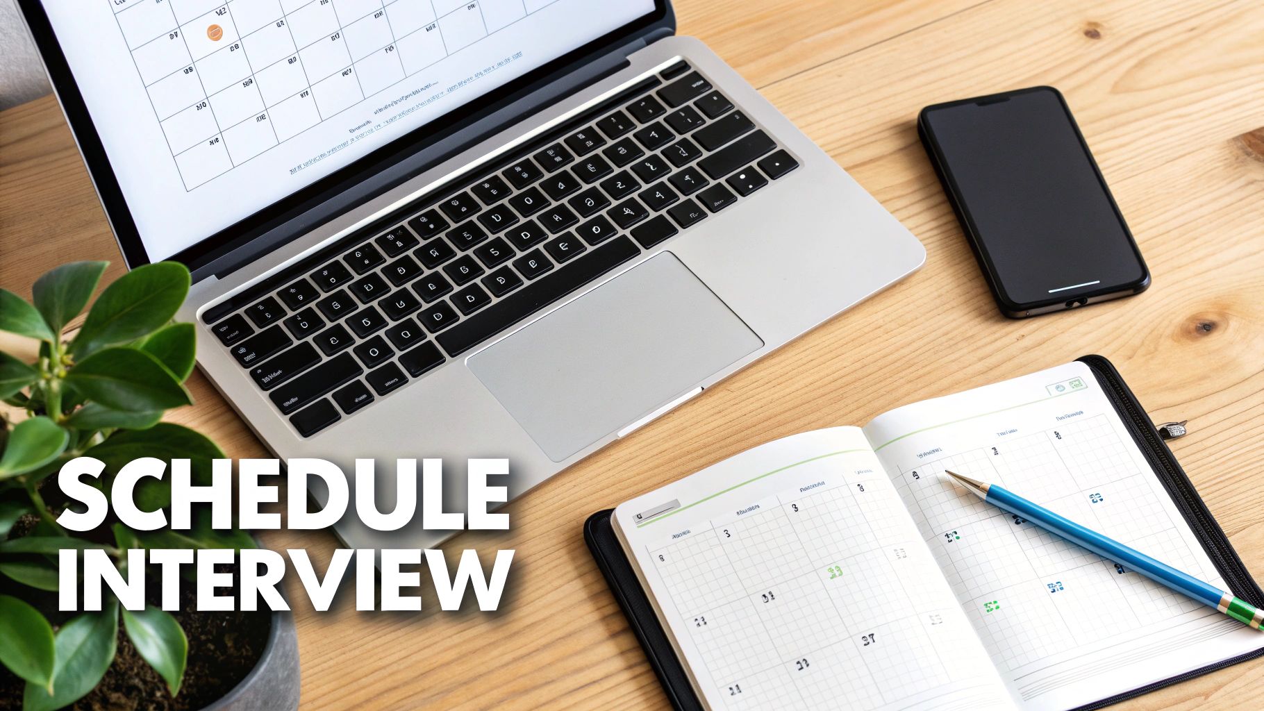 A professional workspace setup with a laptop displaying a calendar, a phone, open planner, and pencil.