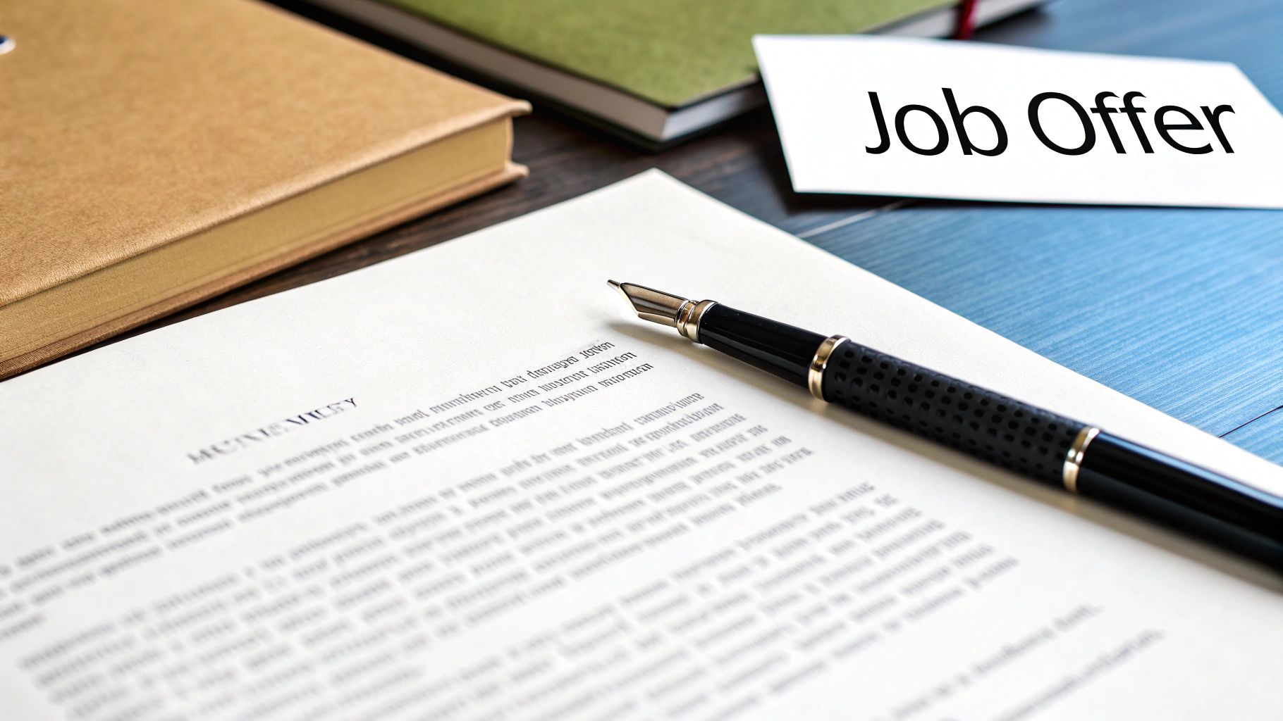 A job offer document with a fountain pen, next to a 'Job Offer' card and books.