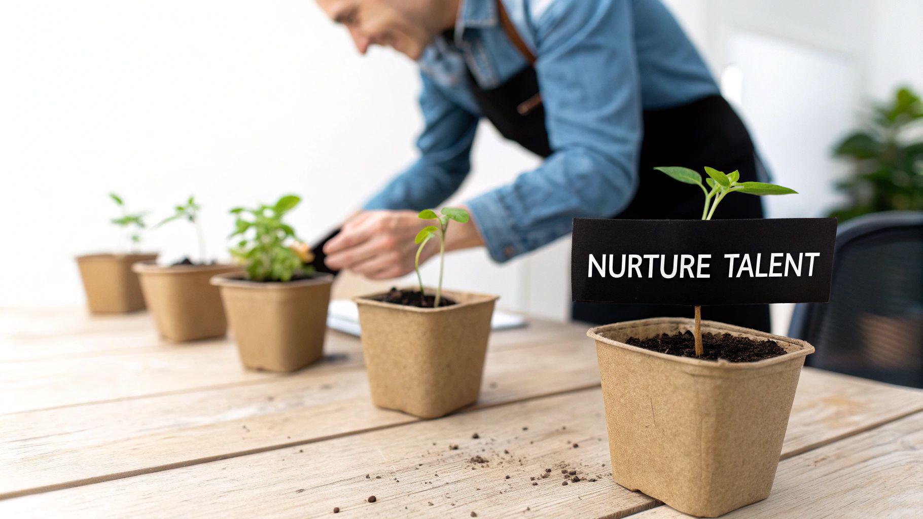 A person nurturing young plants in pots on a wooden table, symbolizing talent development.