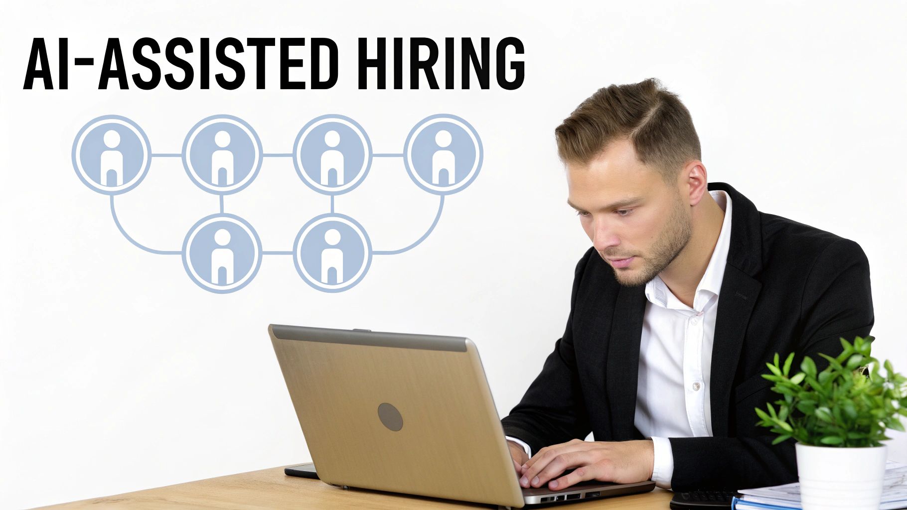 Man using a laptop for AI-assisted hiring, with a network of candidate icons above him.