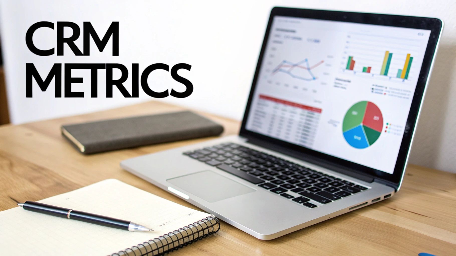A laptop displaying CRM metrics and data visualizations on a desk with a notebook and pen.