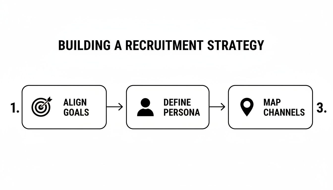 A three-step diagram outlines building a recruitment strategy: align goals, define persona, map channels.