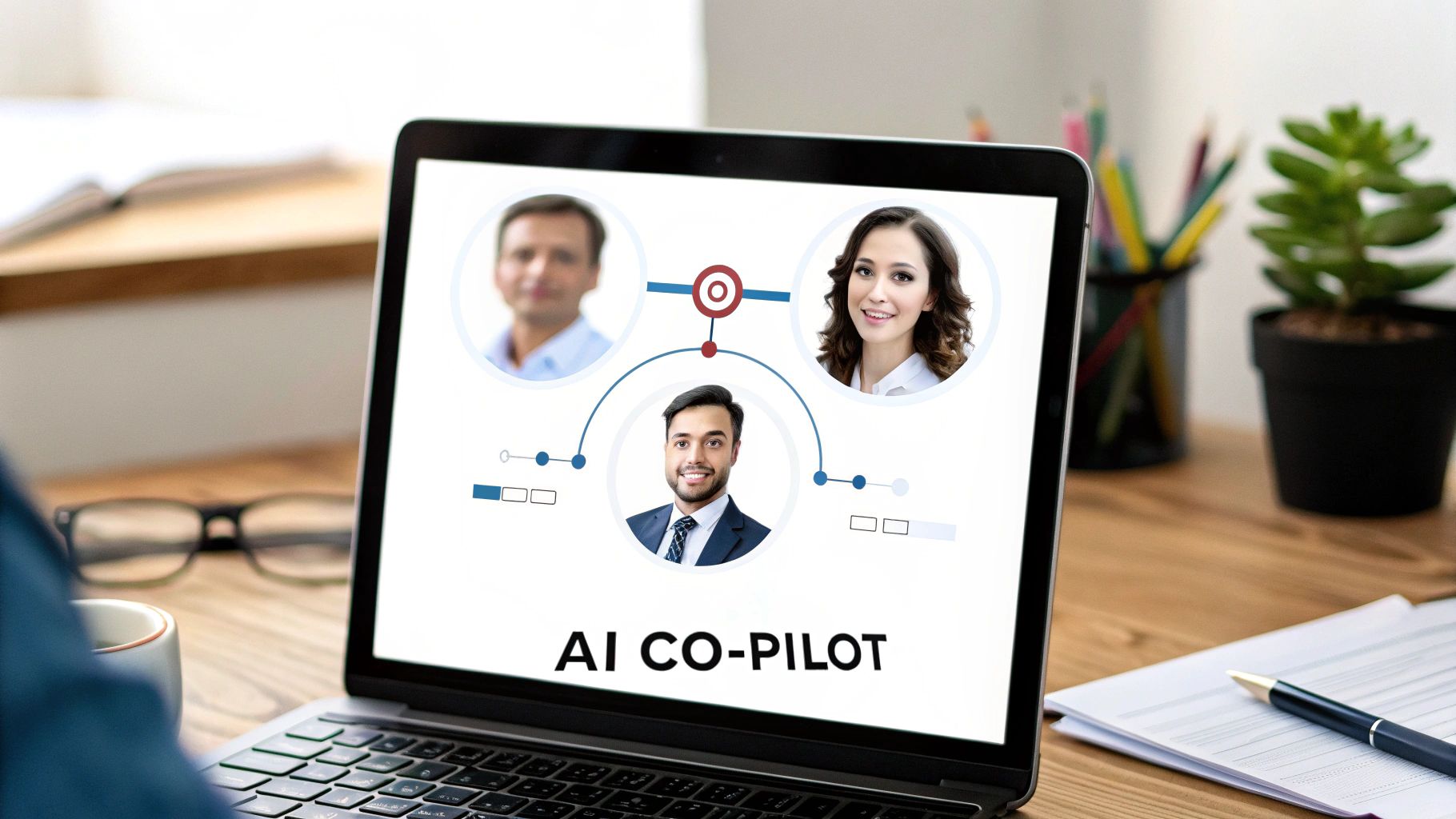 A laptop screen displays 'AI CO-PILOT' with a diagram connecting three profile pictures, set on an office desk.